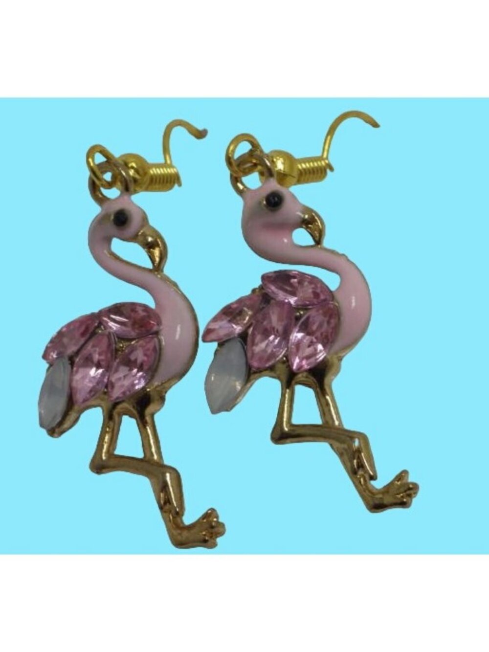 Pink Flamingo Rhinestone Earrings  Dangle Drop Hook Retro Boho Coastal Tiki